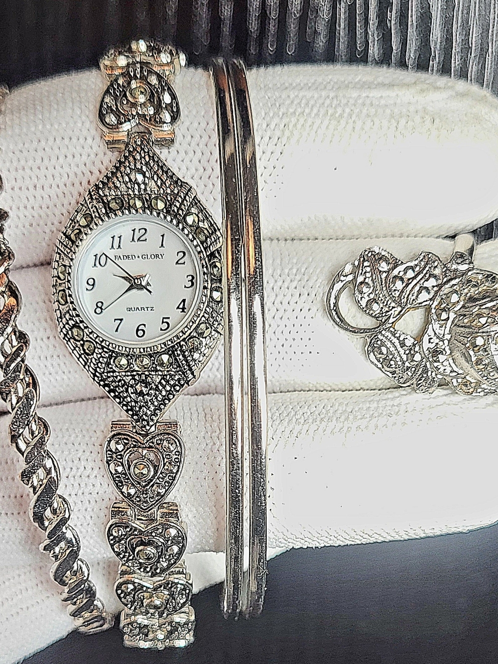 Faded Glory Marcasite Set: Watch With Matching Rose Ring & Bracelelets Set